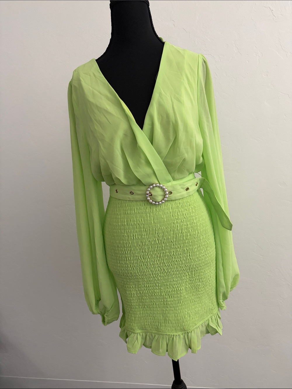 Miss Avenue Neon Lime Green Long-Sleeve Mini Dress